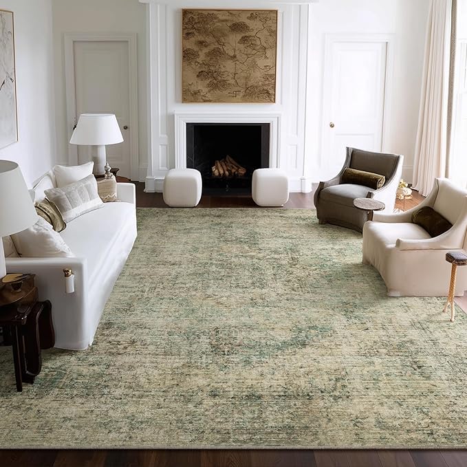 Machine Washable Rugs for Living Room: 9x12 Area Rugs for Bedroom Ultra Soft Non-Slip Low Pile Vintage Distress Boho Large Carpet for High-Traffic Dining Room - Farmhouse Decor
