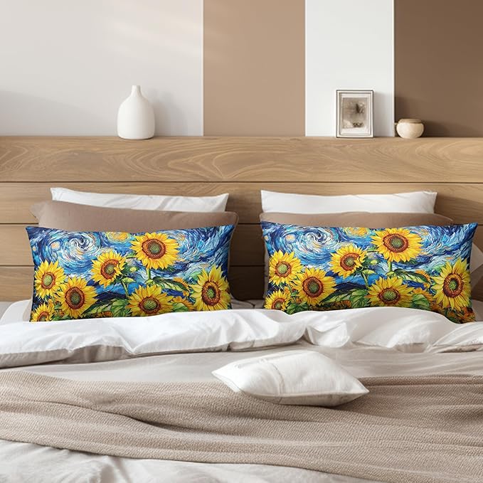 Sunflower Lumbar Pillow Covers 12x20 Set of 2 Van Gogh Starry Night Throw Pillow Covers Oil Painting Sunflowers Pillow Case Spring Summer Cotton Linen Cushion Case for Sofa Garden Patio