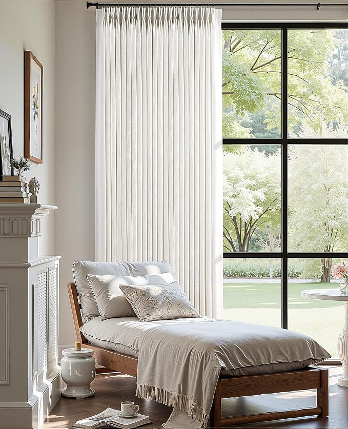 100 Inch Wide Pinch Pleated Linen Curtains 105 Inches Long for Living Room Sliding Glass Door Memory Shape Trained Pleated Drapes Natural Cream Beige Light Filtering Curtains 100W x 105L