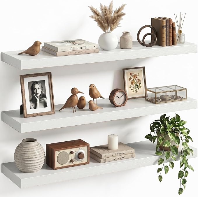 32" Floating Shelves for Wall, Set of 3, 8" Deep, 1.5" Thick, White | Rustic Wood Wall Shelves with Invisible Brackets, Storage and Display for Bathroom, Bedroom, Living Room or Kitchen