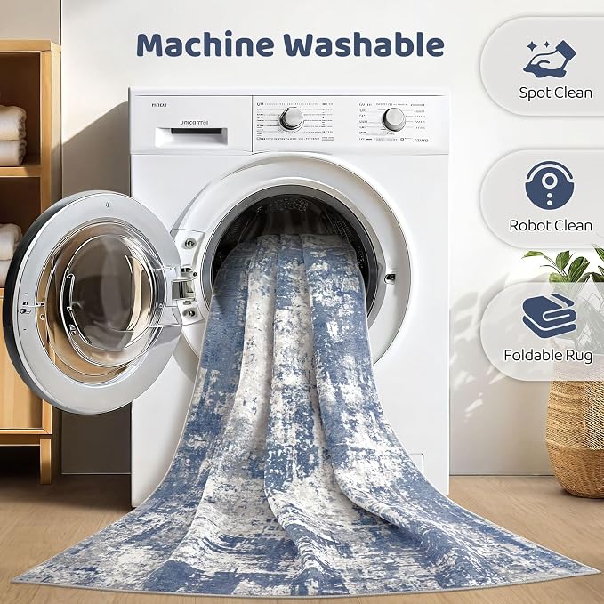 Area Rugs 9x12 Living Room: Washable Large Abstract Modern Soft Rugs Stain Resistant Indoor Floor Non Slip Accent Carpet for Bedroom Nursery Playroom Office Dining Room Dorm Home Decor- Navy Grey
