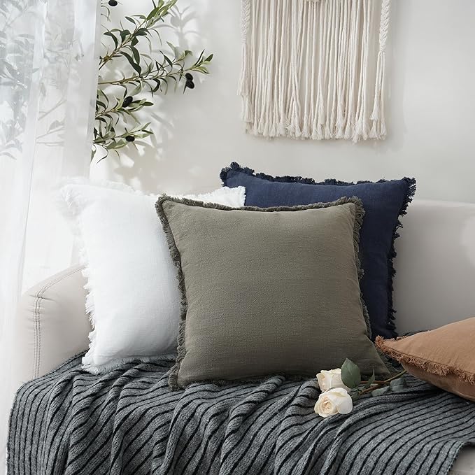 Foindtower Set of 2 Decorative Linen Fringe Throw Pillow Covers Cozy Boho Farmhouse Cushion Cover with Tassels Soft Accent Pillowcase for Couch Sofa Bed Living Room Home Decor,22×22 Inch,White