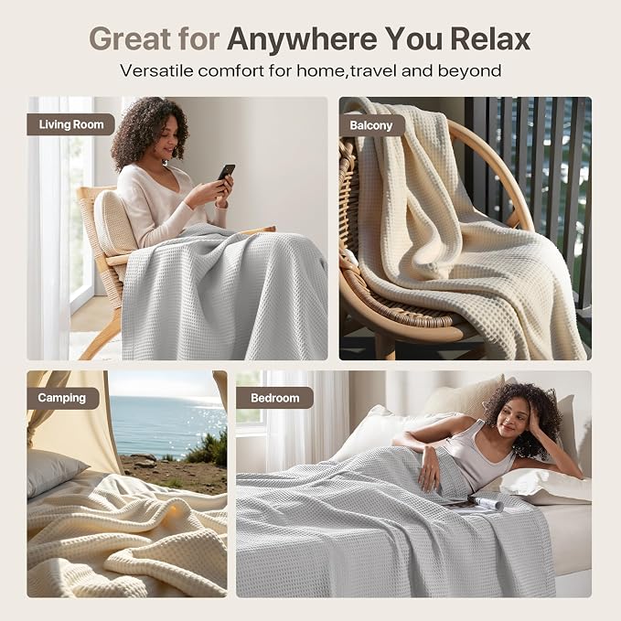 Madison Park 100% Cotton Blanket, Trendy Woven Waffle Weave Design, All Season, Lightweight, Breathable, Soft and Cozy Casual Summer Cover, for Bed, Couch and Sofa, Full/Queen(90 in x 90 in), Grey