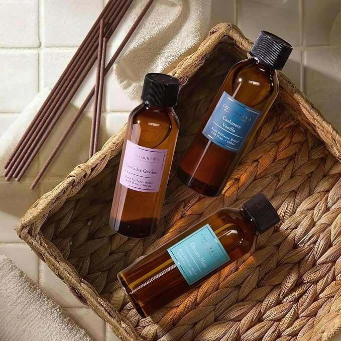 COCORRÍNA Reed Diffuser Set, 10.2oz Scented Oil Refill 3 Pack, Cashmere Vanilla, Ocean Mist, Lavender Garden, Long Lasting Oil Diffuser Refill with 18 Sticks for Bathroom & Bedroom