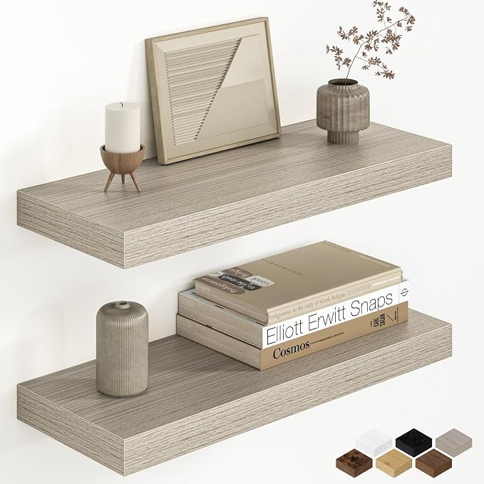 Fun Memories 20 Inch Floating Shelves for Wall, 8 Inch Deep Rustic Wood Wall Mounted Shelves with Invisible Brackets for Bathroom, Bedroom, Kitchen & Living Room Storage Decor, Grey, 2 Pack