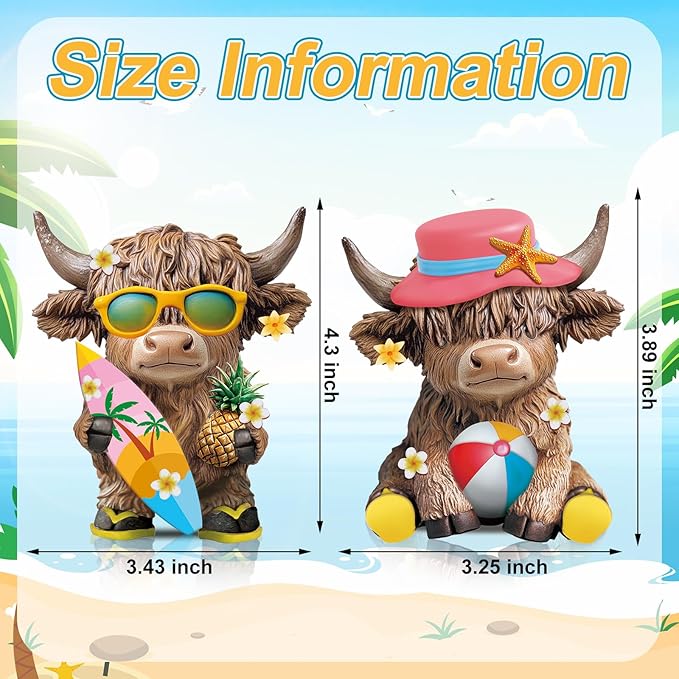 Karenhi 2 Pcs Summer Highland Cow Decorations for Home, Beach Seaside Gnomes Figurines Resin Scottish Statue Gifts for Kitchen Office Tiered Tray Table Mantel Decor