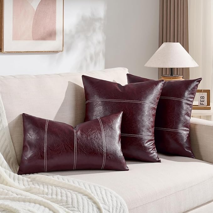 Fancy Homi Burgundy Long Lumbar Faux Leather Decorative Throw Pillow Covers 14x24 Inch for Outdoor Couch Bed, Modern Farmhouse Boho Home Decor, Wine Red Hand Stitched Cushion Case 35x60 cm