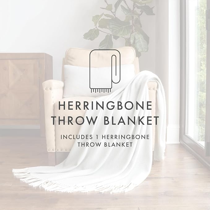 Linen Market Beddings Elevate Your Comfort with Herringbone Throw Blanket - Luxurious Woven Ultra Soft Acrylic - Sized 50" W x 60" L - Fringed Edges - Lightweight Layer for Bed or Sofa (Eucalyptus)