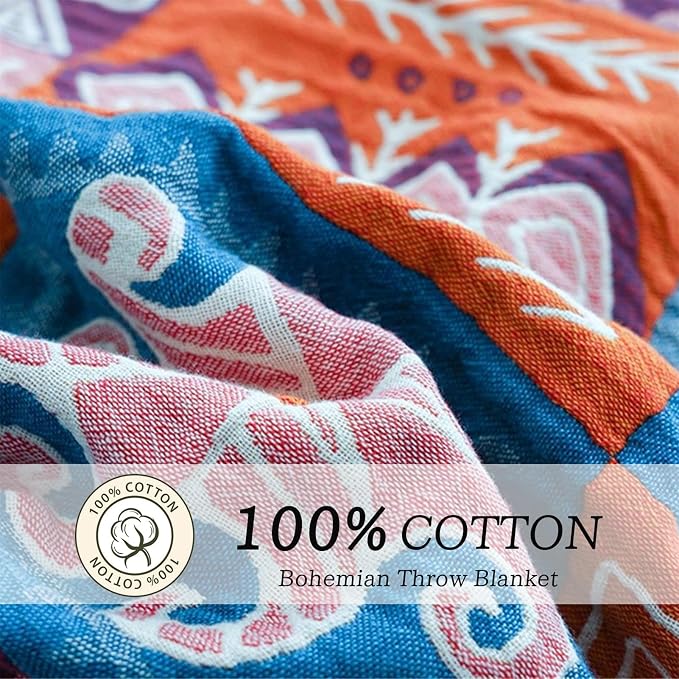 MSGKV Summer Cotton Throw Boho Blanket for Couch Bed, 80"x90" Muslin Brathable Lightweight Travel Decor Blanket for Bedroom