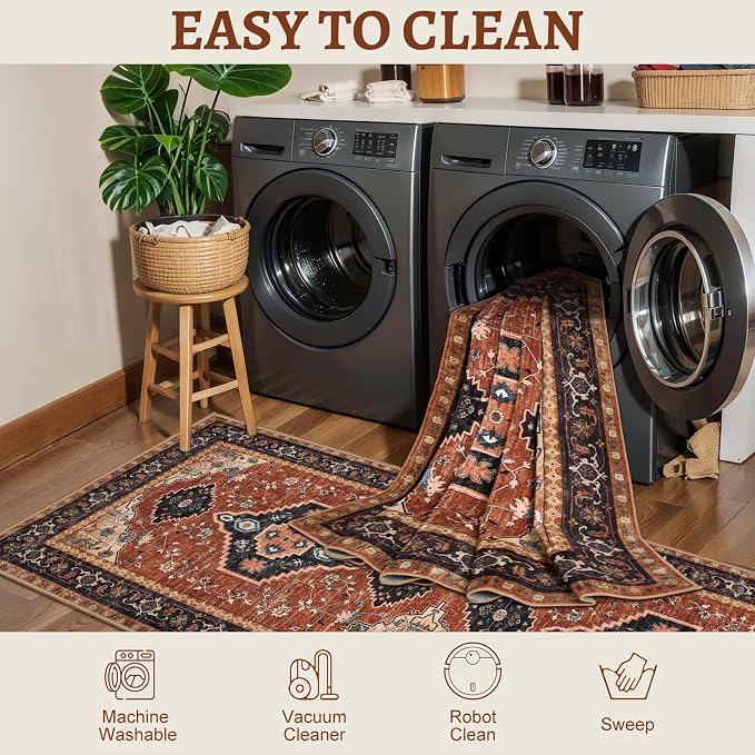 Tangsoo Vintage Orange 2X6 Washable Runner Rug for Hallways, Non Slip Hallway Rugs, Oriental Soft Low Pile Long Rug Carpet Runners for Kitchen Bedroom Entryway Bathroom Living Room Home Decor