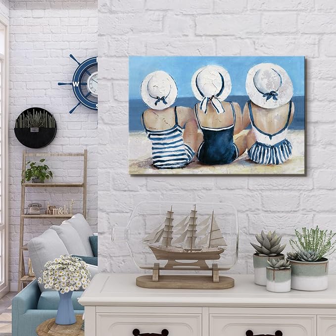 Coastal Beach Wall Art Bathroom Wall Decor Nautical Themed Swimsuit Girl Painting Teen Girls Bedroom Decor Retro Vintage Blue Ocean Poster Beauty Picture Beachy Room Artwork Home Decorations 12x16”