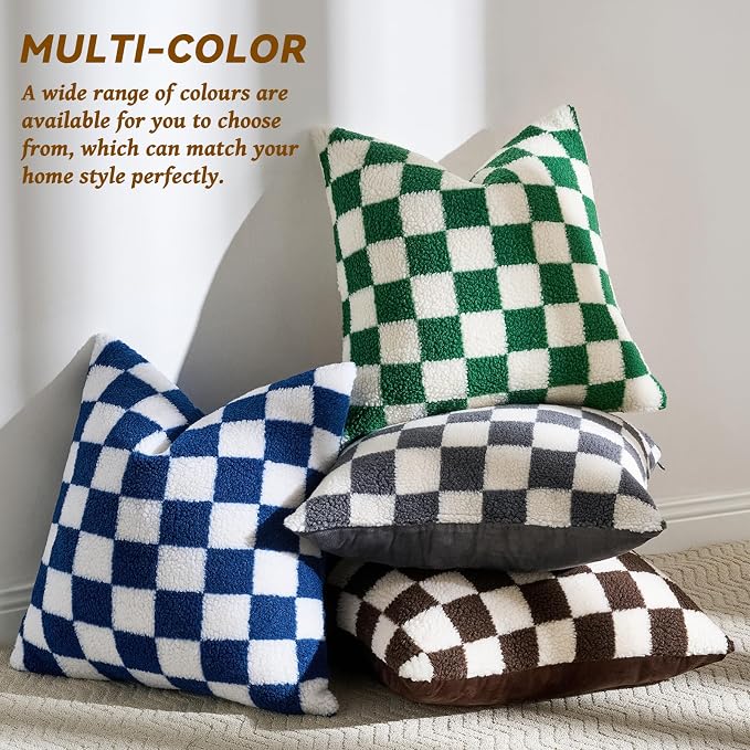AmHoo Pack of 2 Decorative Throw Pillow Covers Checkerboard Luxury Super Soft Faux Fur Wool Set Case Cushion for Couch Sofa Bedroom 20 x 20-Inch Gray