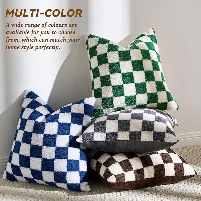 AmHoo Pack of 2 Decorative Throw Pillow Covers Checkerboard Luxury Super Soft Faux Fur Wool Set Case Cushion for Couch Sofa Bedroom 18 x 18-Inch Navy Blue