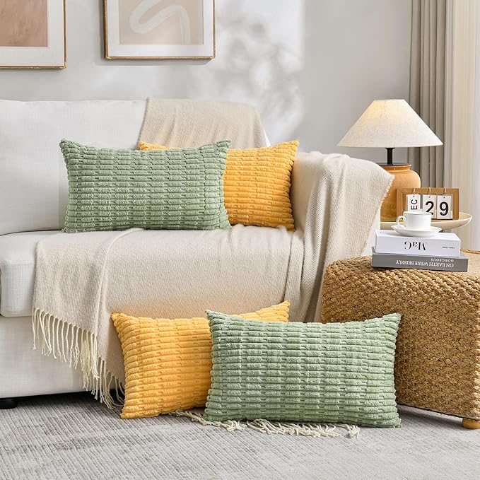 Fancy Homi 4 Packs Decorative Throw Pillow Covers for Living Room Couch Bed, Modern Farmhouse Boho Home Décor Accent Cushion Case, 20" x 12" (Pack of 4), Yellow Green Series