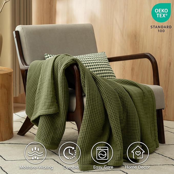 PHF 100% Cotton Waffle & Muslin Throw Blanket Large, Soft Breathable Luxury 400GSM Versatile Reversible Bedding for Couch, Great for Layering in Cold Weather, Home Decor Gift, 50" x 70", Olive Green