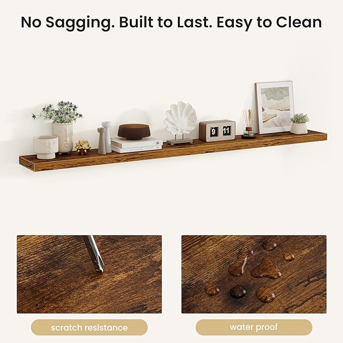 Fun Memories Floating Shelves for Wall, Rustic Wood Wall Mounted Shelves for Bathroom, Bedroom, Living Room and Kitchen, Storage & Home Decor (Set of 2, Brown, 72 in)