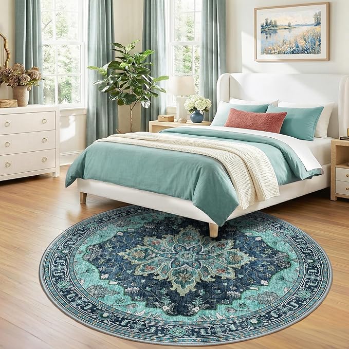RELEANY Area Rugs 7ft Washable Non-Slip, Floral Vintage Distress Print Pattern Medallion Carpet for Living Room Bedroom Dining Room, Teal Green Lake Blue Turquoise