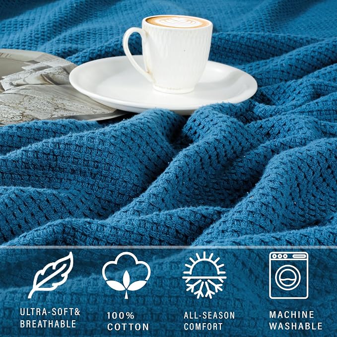 TreeWool Premium 100% Cotton Waffle Queen Blanket (90"x90", Teal) | Breathable Lightweight Moisture Wicking Soft Knit Thermal Blanket for Summer, Bed or Sofa All-season Comfort Machine Washable