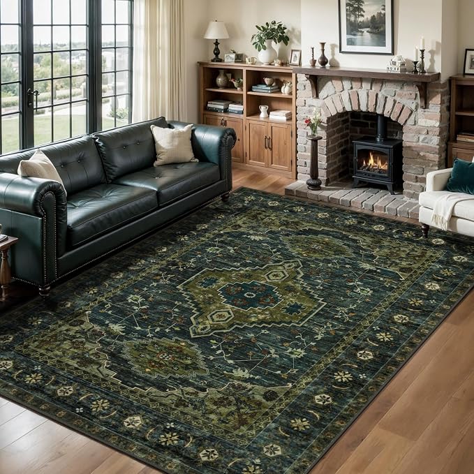 Tangsoo Washable Rug 4x6 Area Rug, Oriental Rug Indoor for Living Room, Non Slip Machine Washable Large Rugs, Soft Print Distressed Olive Green Carpet for Bedroom Dining Room Dorm Office