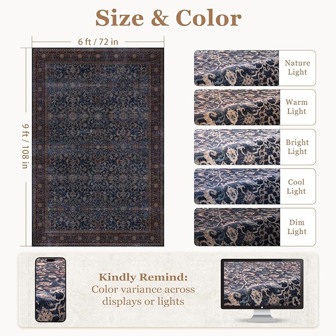 Old Money Aesthetic 6x9 Area Rugs, Low Pile Washable Rugs for Living Room Bedroom Non Slip, Vinatge Maximalist Print Carpet Rug for Dining Room Home Office, Dark Blue
