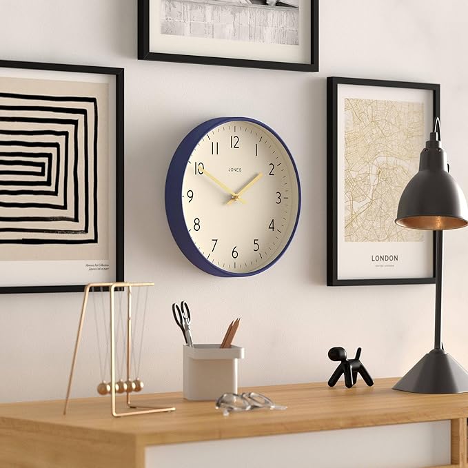 JONES CLOCKS® Studio wall Clock | Modern Round Style | 12 inch | Dark Navy Blue | Easy to Read Numbers | Versatile Design for Kitchen, Living Room or Office