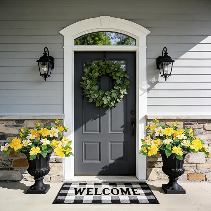 INXUGAO Artificial Flowers for Outdoors Indoors,2 Bunches Fake Hibiscus with Realistic UV Resistant Silk Flower Fabric Leaves,Faux Plants Outside for Home Patio Garden Yard Poch Decor(Yellow,White)