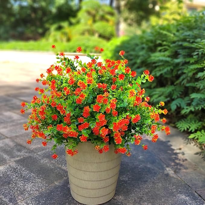 Grunyia 12 Bundles Artificial Flowers for Outdoors, UV Resistant Fake Flowers with Plastic Plants, Faux Flowers for Outside Window Box Front Porch Hanging Planter Decor(Orange Red)