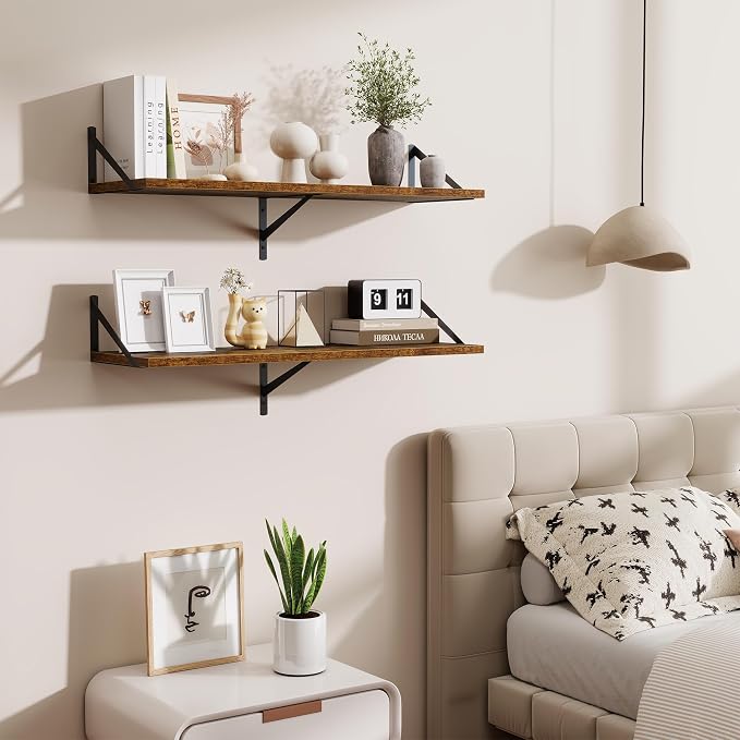 Acovy Deep Floating Shelves for Wall,36" Wx10 D Wood Wall Shelves with Metal Brackets,Hanging Storage Floating Shelf for Living Room,Bedroom,Bathroom,Office,Kitchen,Rustic Brown