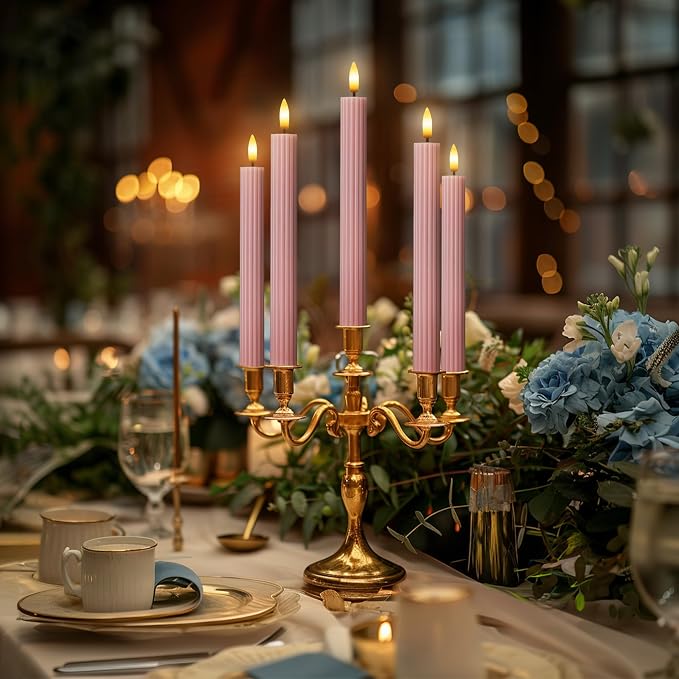 12 Pack, 10" LED Flameless Real Wax Dusty Rose Fluted Ribbed Grooved Taper Candles, Remote & 24h Timer Memory, On/Off Button, Dimmable, Flicker Mode, Battery Operated, Wedding