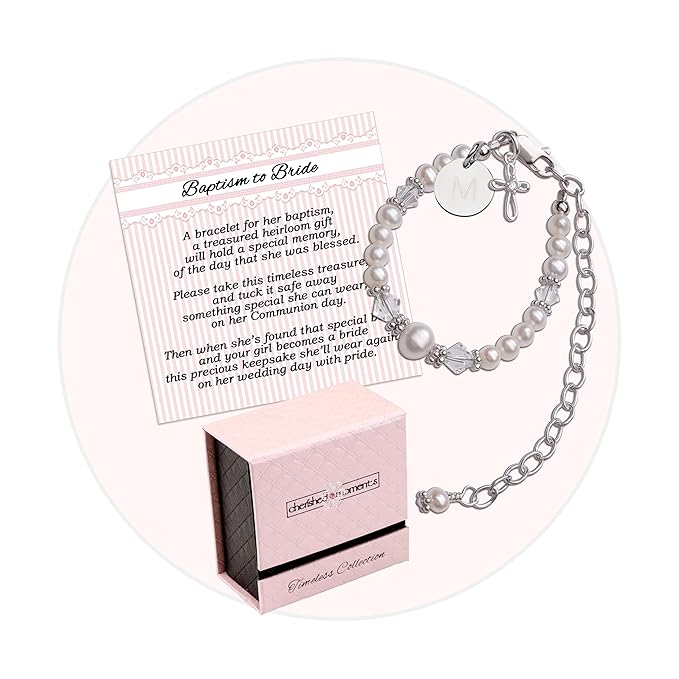 Cherished Moments Personalized Baptism to Bride Cross Bracelet Gift for Girls with Initial Charm in 925 Sterling Silver and Cultured Pearl