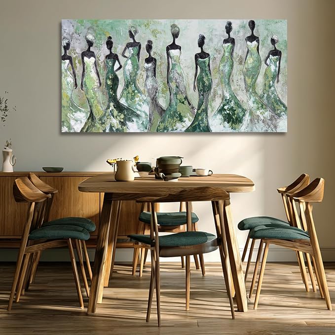 Dolidoteart Green Abstract Figure Wall Art, Black Modern Horizontal Canvas Print for Living Room, Bedroom, Dining Room or Office, Aesthetic Fashion Artwork, 24x48 Inch