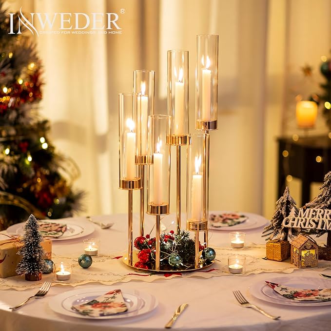 Hurricane Glass Taper Candle Holders: 6 Arm Gold Candelabra Candlestick Holders 24" Tall Candle Holder Candlestick Hurricane Large Gold Candle Holders with Removable Glass Cover Wedding Party Home