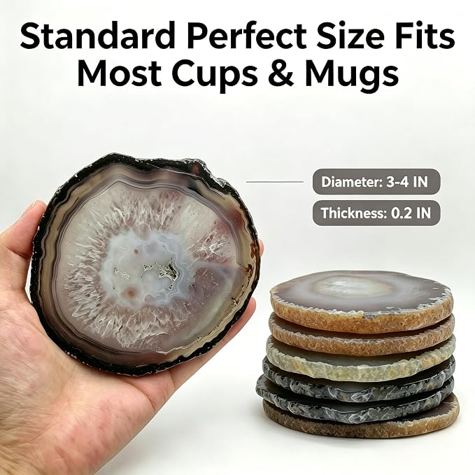 Agate Coaster for Drinks Polished Agate Slices Crystal Coasters with Rubber Gray 3-4" Coffee Table Decor Bar Sets for the Home