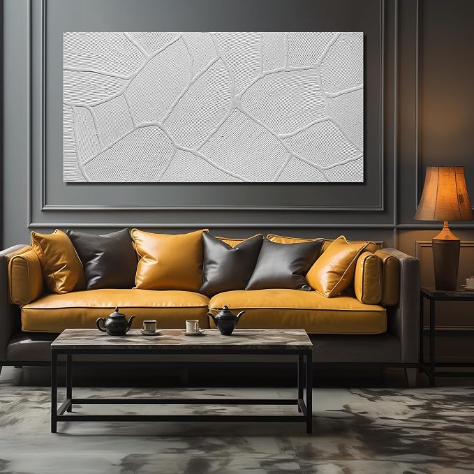 DNIEOTU Abstract Textured Canvas Wall Art for Living Room, White Wall-Decor for Bedroom, Modern Minimalist Geometric Paintings for Hallway Office, Size 59 x 29 Inches Hand Painted