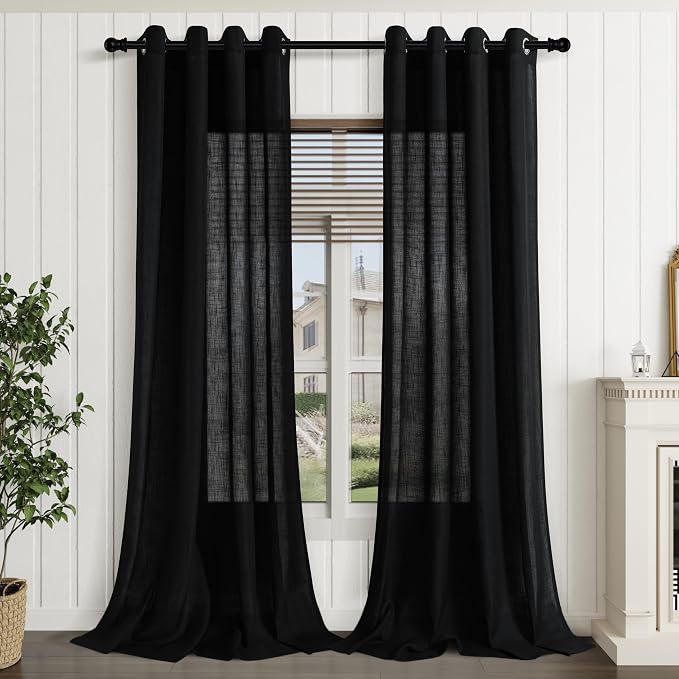 Black Linen Curtains for Bedroom Living Room 84 Inches Long 2 Panels Set Boys Room Doorway Light Filter Farmhouse Cotton Linen Drapes Semi Sheer Boho Black Window Curtains 84 Inch Length Grommet