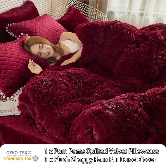 LIFEREVO Luxury Plush Shaggy Duvet Cover Set, Soft Fluffy Furry Duvet Cover Set(1 Fuzzy Faux Fur Comforter Cover+1 Pompoms Pillow Case) Christmas Bedding Set, Zipper Closure(Twin/Twin XL, Burgundy)