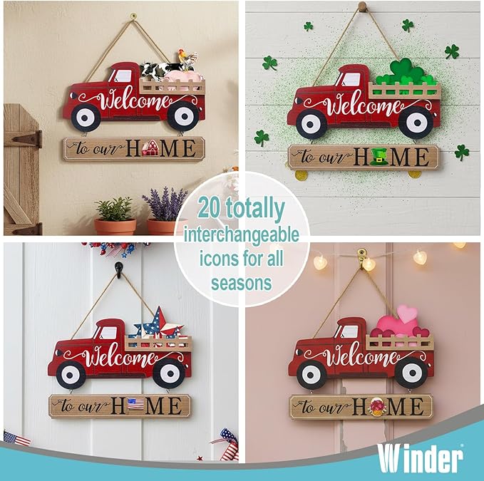 Winder 20Pcs Interchangeable Welcome Sign for Front Door,Seasonal Red Truck Decor Hanging Sign for Valentines,Easter, Independence Day,Halloween,Christmas Home Decor,Housewarming Gift