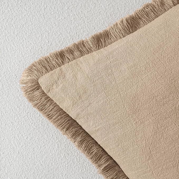 MIULEE Decorative Throw Pillow Covers Neutral Linen Fringe Throw Pillows Set of 2 Camel Boho Farmhouse Cushion Covers with Tassels for Couch Sofa Bed Living Room Spring Decor 20x20 Inch