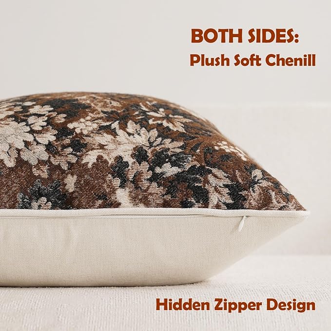 DEZENE Pack of 2 Vintage Floral Euro Sham Covers 26x26 Boho Farmhouse Accents Chenille Square Decorative Throw Pillow Cases for Living Room Couch Bed Home Decor, Dark Brown