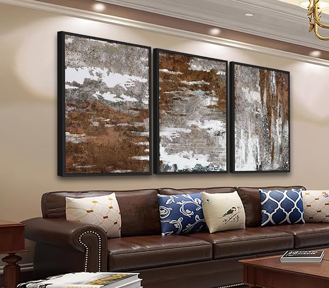 Large Framed Canvas Wall Art - Rustic Brown and White Abstract Pictures for Living Room Aesthetic Vintage Wall Decor Retro Prints for Bedroom Dinning Room Black Float Framed 20" X 28" X 3 pcs