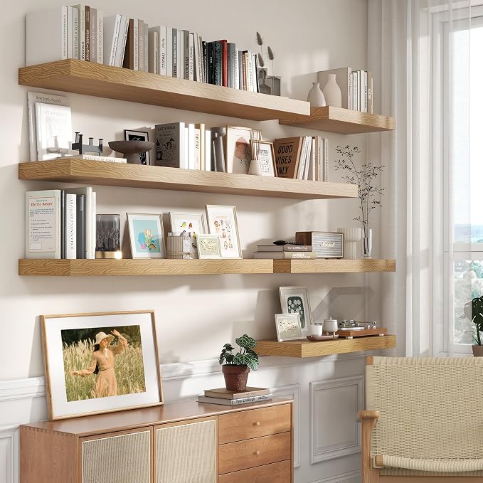 FLYJOE Deep Floating Shelves, 72 Inch Oak Shelves Set of 1 | 12 Inch Deep Shelves for Wall, 72'' x 12'' Rustic Wood Shelves for Bathroom Living Room Laundry Room Kitchen