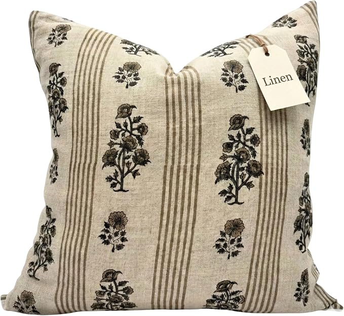 Linen Throw Pillow Covers 20x20 inch Floral Pillows Stripe Spring Decorative Pillow Covers for Living Room, Bedroom