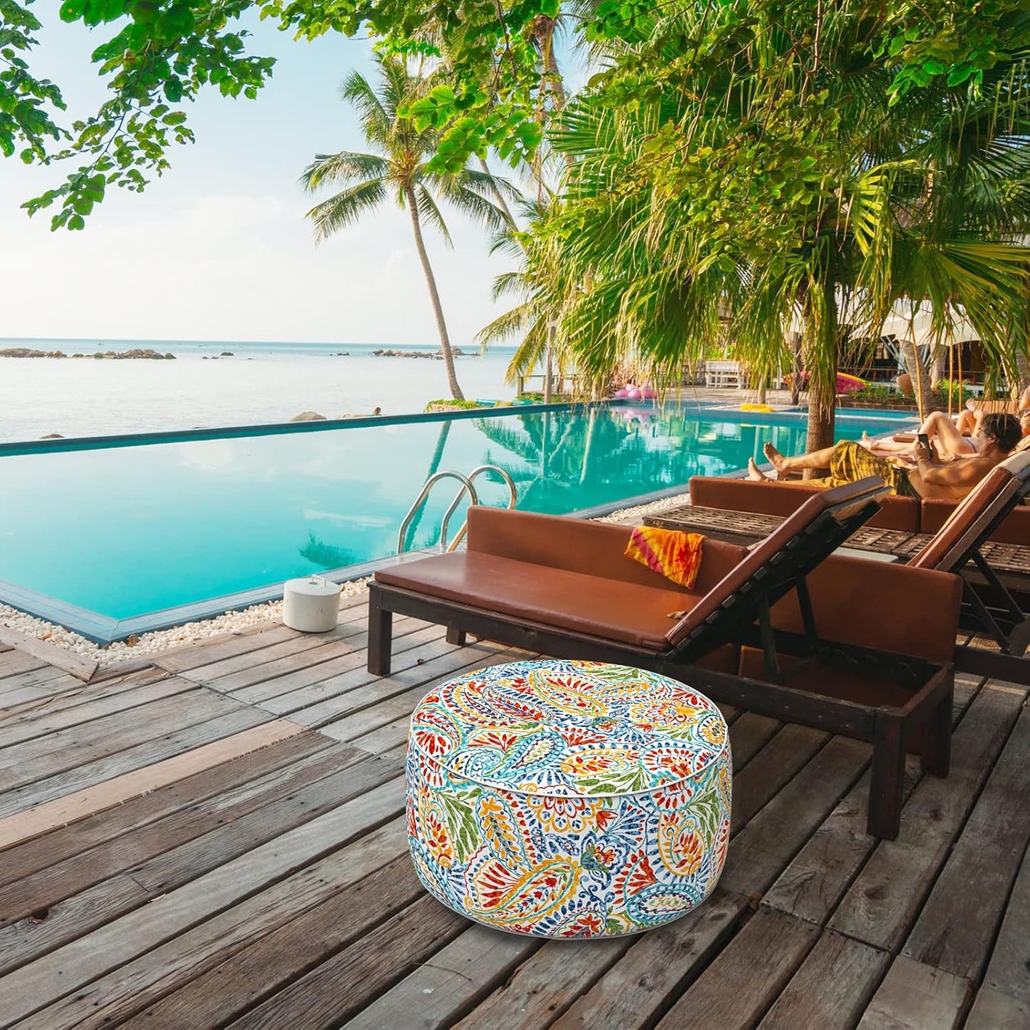 LVTXIII Indoor/Outdoor Inflatable Ottoman, D31 x H14 Inch Large Round Ottoman, All Weather Foot Rest Stool, Portable Footrest for Patio, Garden, Camping and Home - Paisley Multi