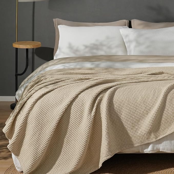 PHF Pre-Washed 100% Cotton Waffle Weave Blanket Twin Size for Bed,Snag Proof Throw Blanket for Couch Spring Summer Lightweight Breathable,Machine Washable, Home Decor Gift - Khaki/Simply Taupe