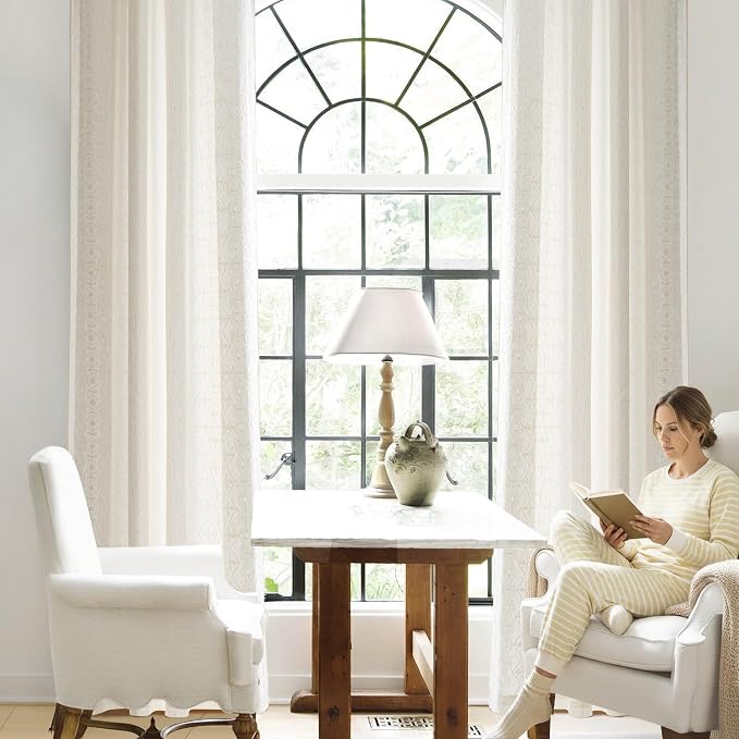 NICETOWN 102 Inches Long Curtains, Ivory White Boho Embroidered Cream Linen Textured Extra Long Drapes for High Ceiling, Geometric Pattern Window Treatment for Living Room/Loft, W52” x L102“