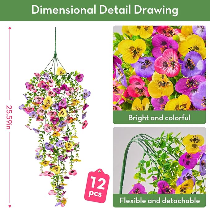 Serwalin Artificial Fake Hanging Flowers for Outdoors Planters,12PCS UV Resistant Faux Pansy Spring Flowers for Outside Porch Patio Garden Window Box (Mixed Colors)