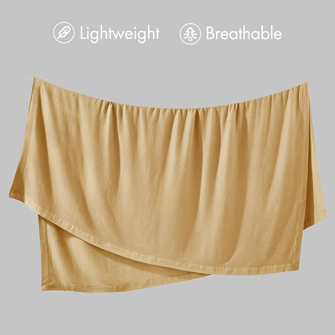 Madison Park 100% Egyptian Cotton Lightweight Summer Blanket, Breathable Waffle Knit Design, Soft Cozy All-Season Throw for Bed, Couch or Sofa, Mustard Yellow King Size (108"x90")