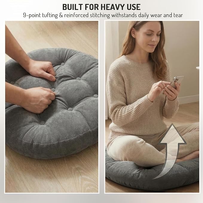 Meditation Floor Pillow Set of 2, Round Large Pillows Seating for Adults, Tufted Corduroy Cushion for Tatami Living Room, Grey, 22 Inch