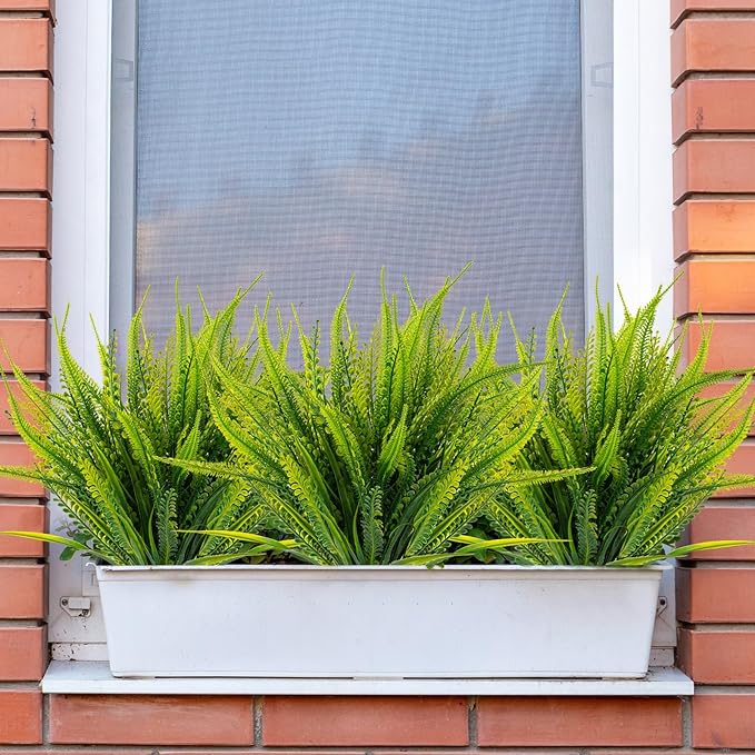ZEOSTARO 12 Bundles Artificial Plants Outdoor Fake Boston Fern Greenery with Flowers Faux UV Resistant Shrubs Garden Patio Porch Window Box Farmhouse Hanging Decor(Green)