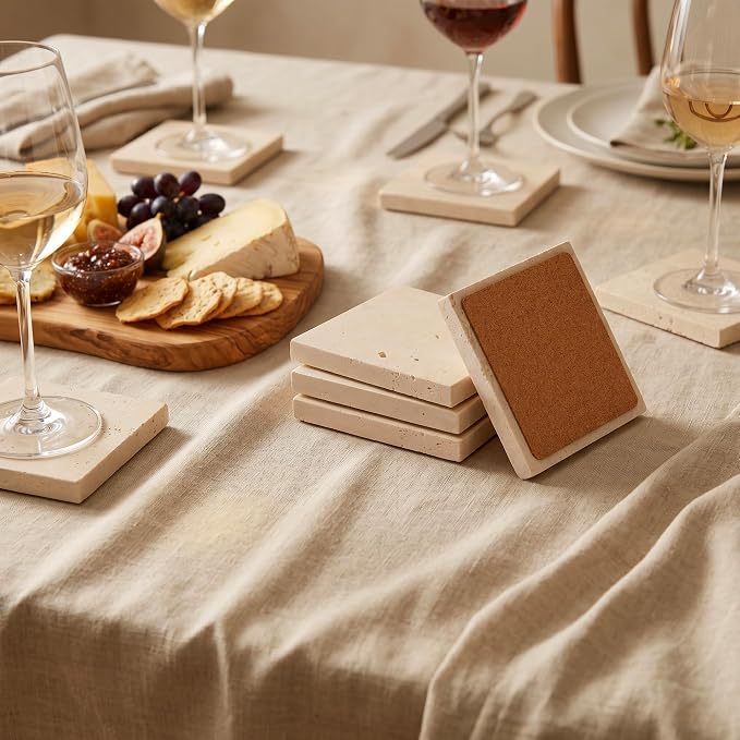 6 Pack 4 Inch Square Travertine Coaster, Absorbent Marble Coaster with Cork Pad Travertine Drink Coasters Stone Coasters for Home Decor, Coffee Tabletop